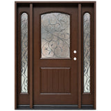 Fiberglass front entry door with two sidelights, decorative wrought iron glass, and wood grain finish, front view, lefthand inswing