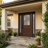 Brown fiberglass front entry door with sidelights installed on home exterior