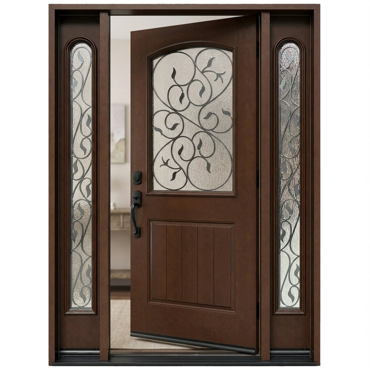 Single fiberglass front door with two sidelights with decorative glass and dark walnut stain with door slightly opened to the right fd04
