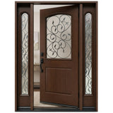 Single fiberglass front door with two sidelights with decorative glass and dark walnut stain with door slightly opened to the right fd04
