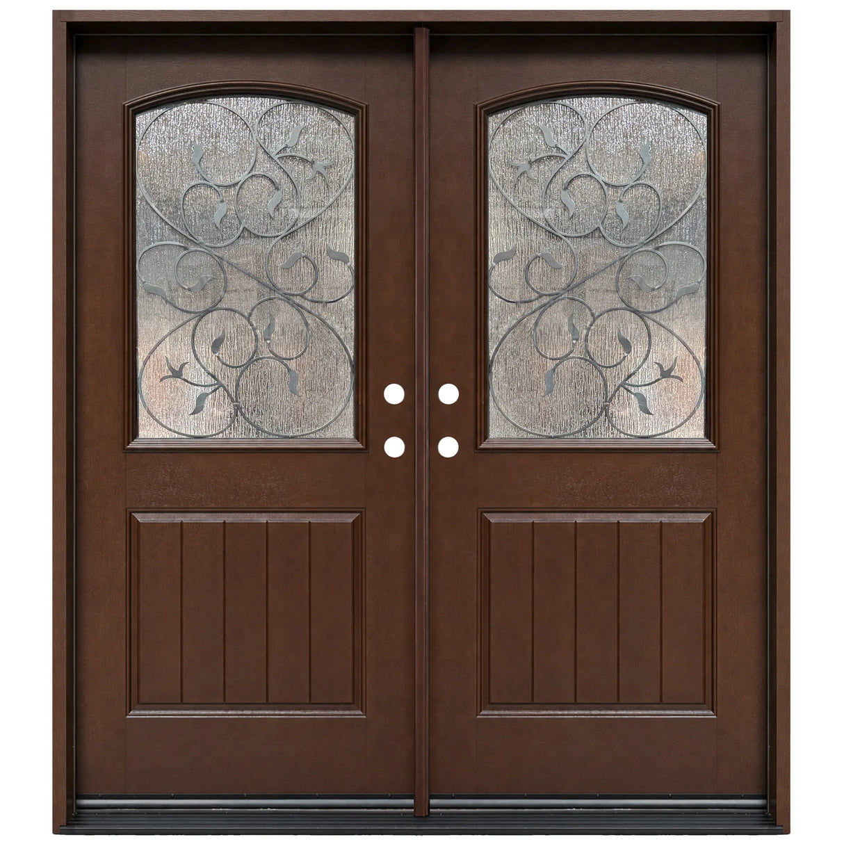 Fiberglass double front entry door with decorative wrought iron glass panels and wood grain finish, front view