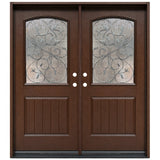 Fiberglass double front entry door with decorative wrought iron glass panels and wood grain finish, front view