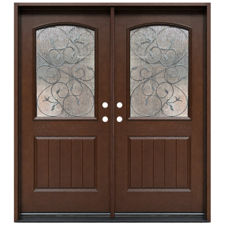 Fiberglass double front entry door with decorative wrought iron glass panels and wood grain finish, front view