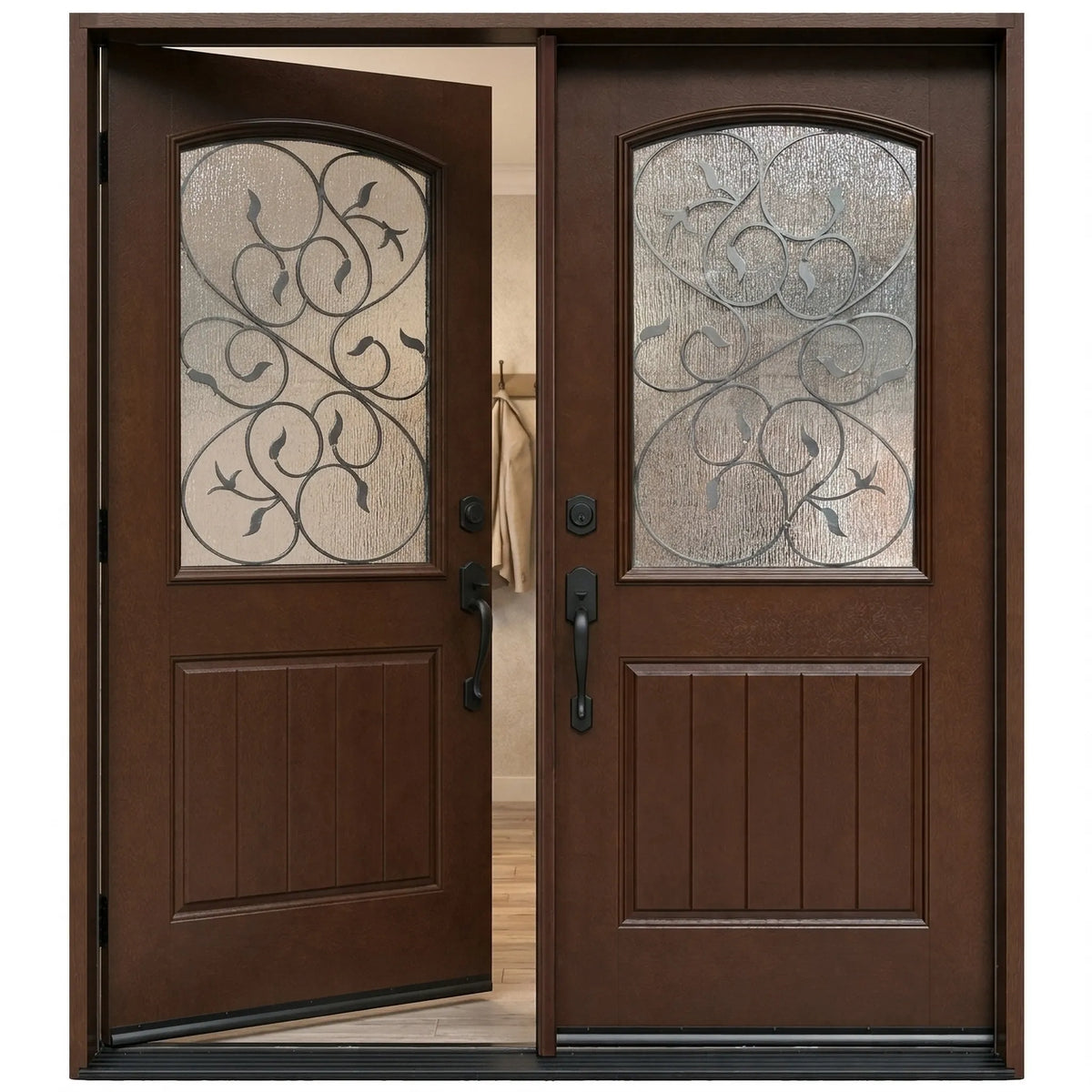 Fiberglass double front entry door with the left door slightly opened fd04