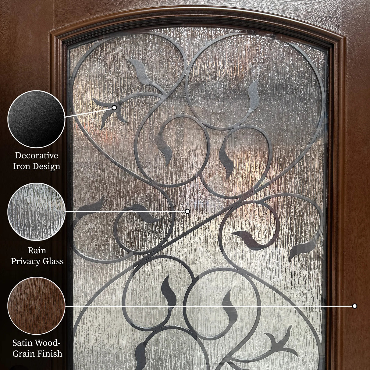 Close-up of rain glass panel on fiberglass entry door showing textured privacy glass detail and light diffusion