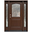 Fiberglass front entry door with two sidelights, decorative wrought iron glass, and wood grain finish, front view