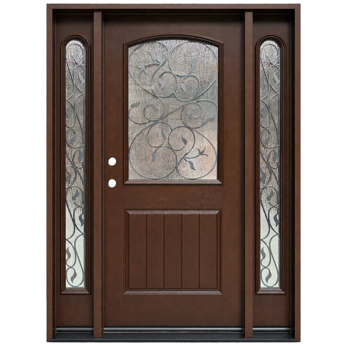 Fiberglass front entry door with two sidelights, decorative wrought iron glass, and wood grain finish, front view