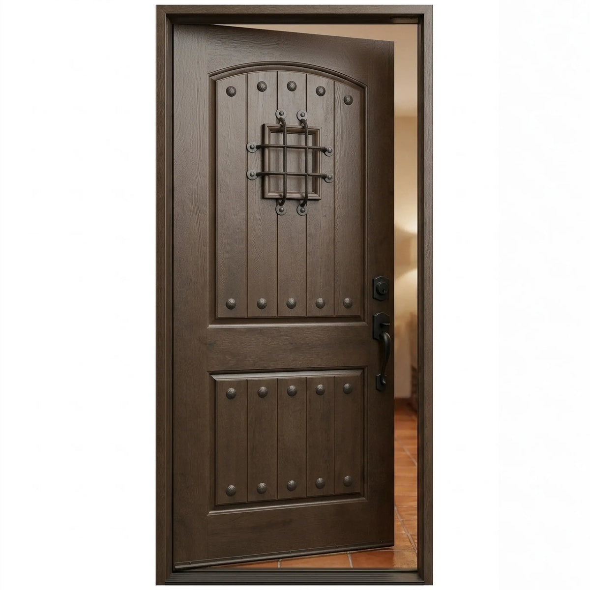 Single fiberglass front door with speakeasy and dark mahogany stain with door slightly opened to the left