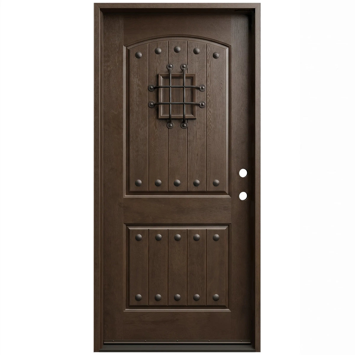 Fiberglass single front entry door with decorative speakeasy grille and wood grain finish, front view, lefthand inswing