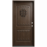 Fiberglass single front entry door with decorative speakeasy grille and wood grain finish, front view, lefthand inswing