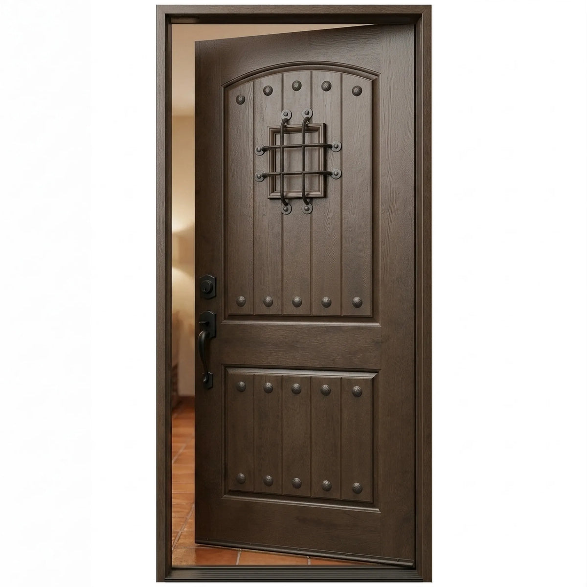 Single fiberglass front door with speakeasy and dark mahogany stain with door slightly opened to the right