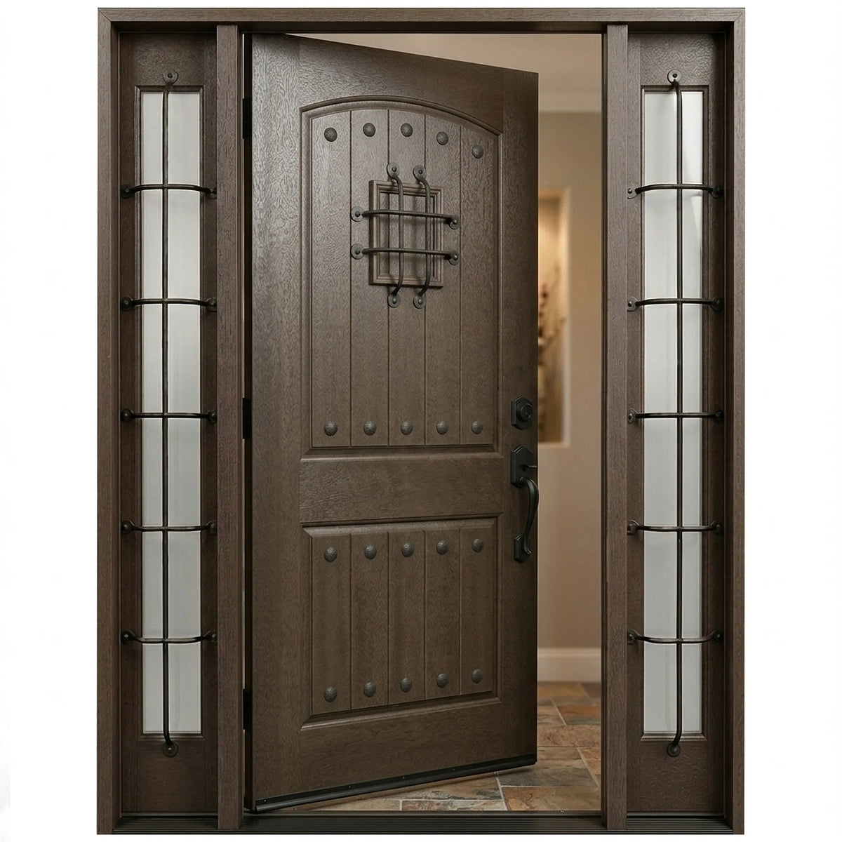 Single fiberglass front door with two sidelights dark walnut stain with door slightly opened to the left, fd05