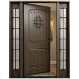 Single fiberglass front door with two sidelights dark walnut stain with door slightly opened to the left, fd05