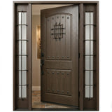 Single fiberglass front door with two sidelights dark walnut stain with door slightly opened to the right, fd05