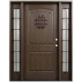 Fiberglass front entry door with two sidelights, speakeasy, and wood texture finish, front view, Lefthand inswing