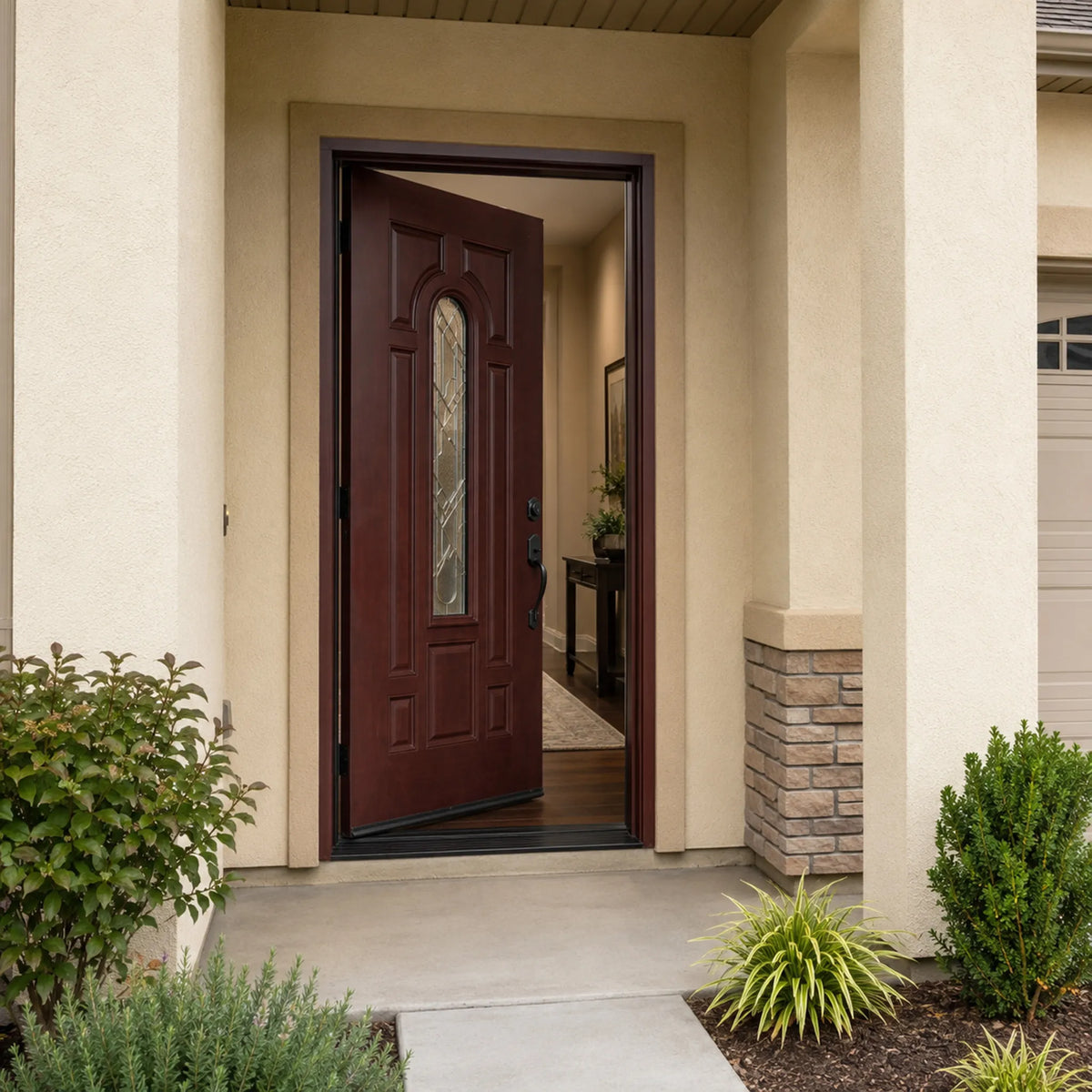 Single fiberglass door with decorative glass and dark mahogany stain with door slightly opened to the left fd280b