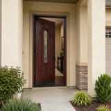 Single fiberglass door with decorative glass and dark mahogany stain with door slightly opened to the left fd280b