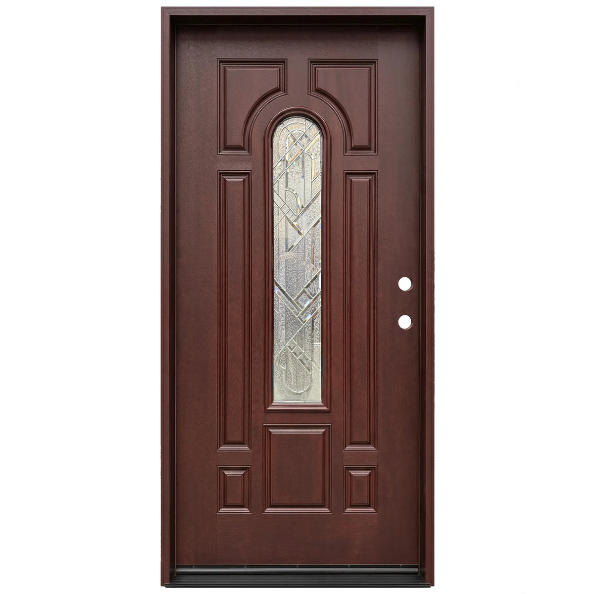 Fiberglass single front entry door with decorative arched beveled glass panel and wood grain finish, front view, lefthand inswing