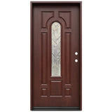 Fiberglass single front entry door with decorative arched beveled glass panel and wood grain finish, front view, lefthand inswing