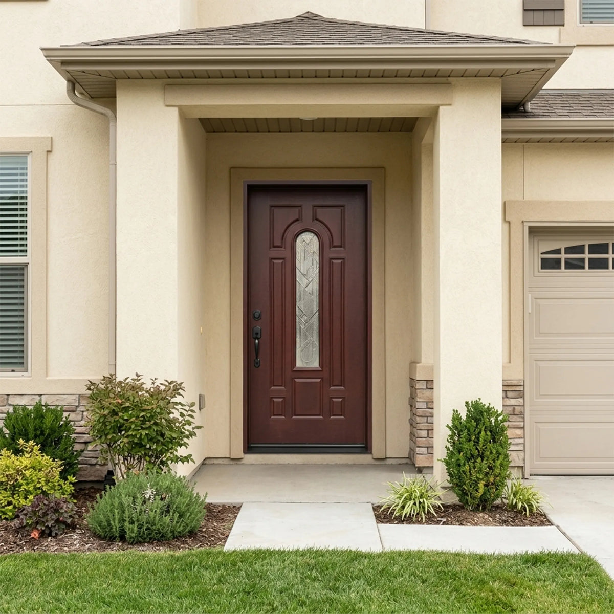 Single fiberglass front door with decorative glass and dark mahogany stain installed on a house fd280b