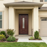 Single fiberglass front door with decorative glass and dark mahogany stain installed on a house fd280b