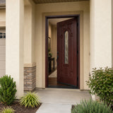 Single fiberglass door with decorative glass and dark mahogany stain with door slightly opened to the right fd280b