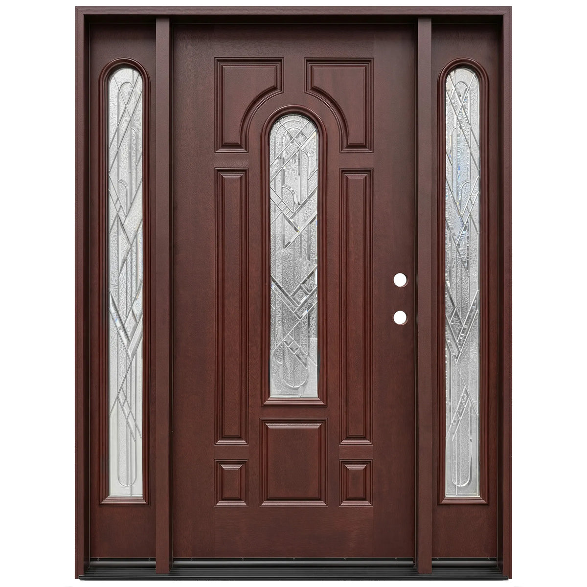 Fiberglass front entry door with two sidelights, decorative arched beveled glass, and wood grain finish, front view, lefthand inswing