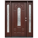 Fiberglass front entry door with two sidelights, decorative arched beveled glass, and wood grain finish, front view, lefthand inswing