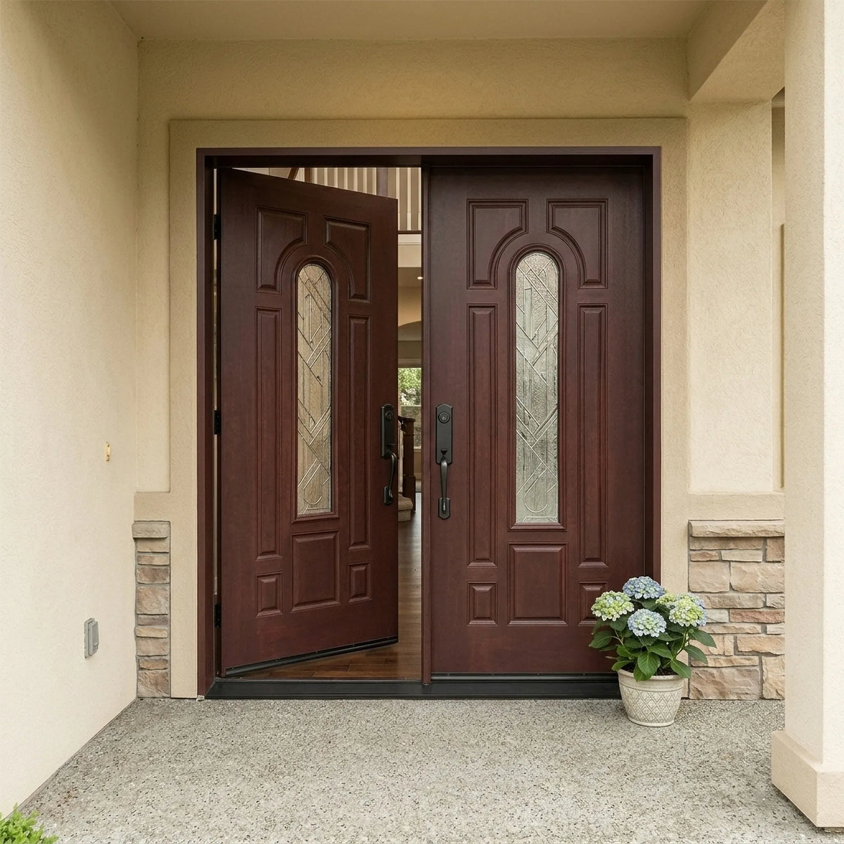 Solid fiberglass double front entry door with the left door slightly opened fd280b