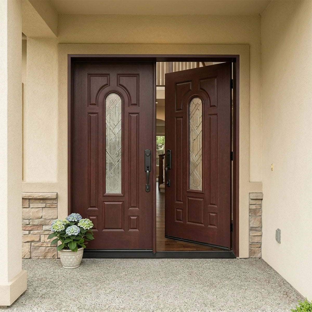 Solid fiberglass double front entry door with the right door slightly opened fd280b