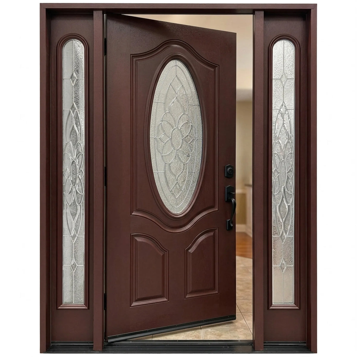 Single wood front door with two sidelights with decorative glass and dark mahogany stain with door slightly opened to the left fd800
