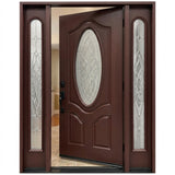Single wood front door with two sidelights with decorative glass and dark mahogany stain with door slightly opened to the right fd800
