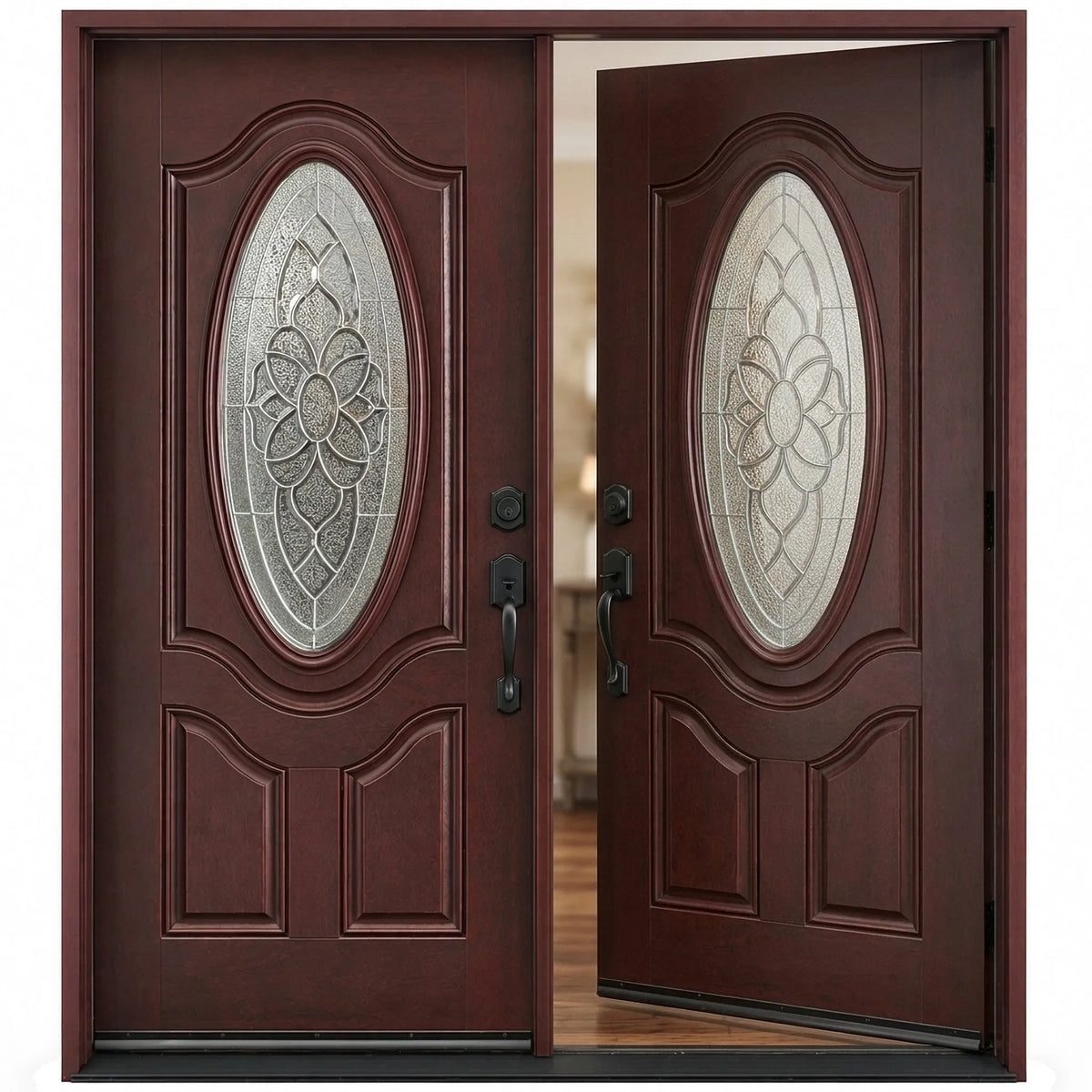 Fiberglass double front entry door with the right door slightly opened fd800 door