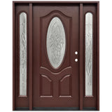 Fiberglass front entry door with two sidelights and decorative oval beveled glass panel, wood grain finish, front view, lefthand inswing