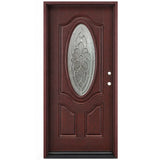 Fiberglass front entry door with two sidelights and decorative oval beveled glass panel, wood grain finish, front view, lefthand inswing