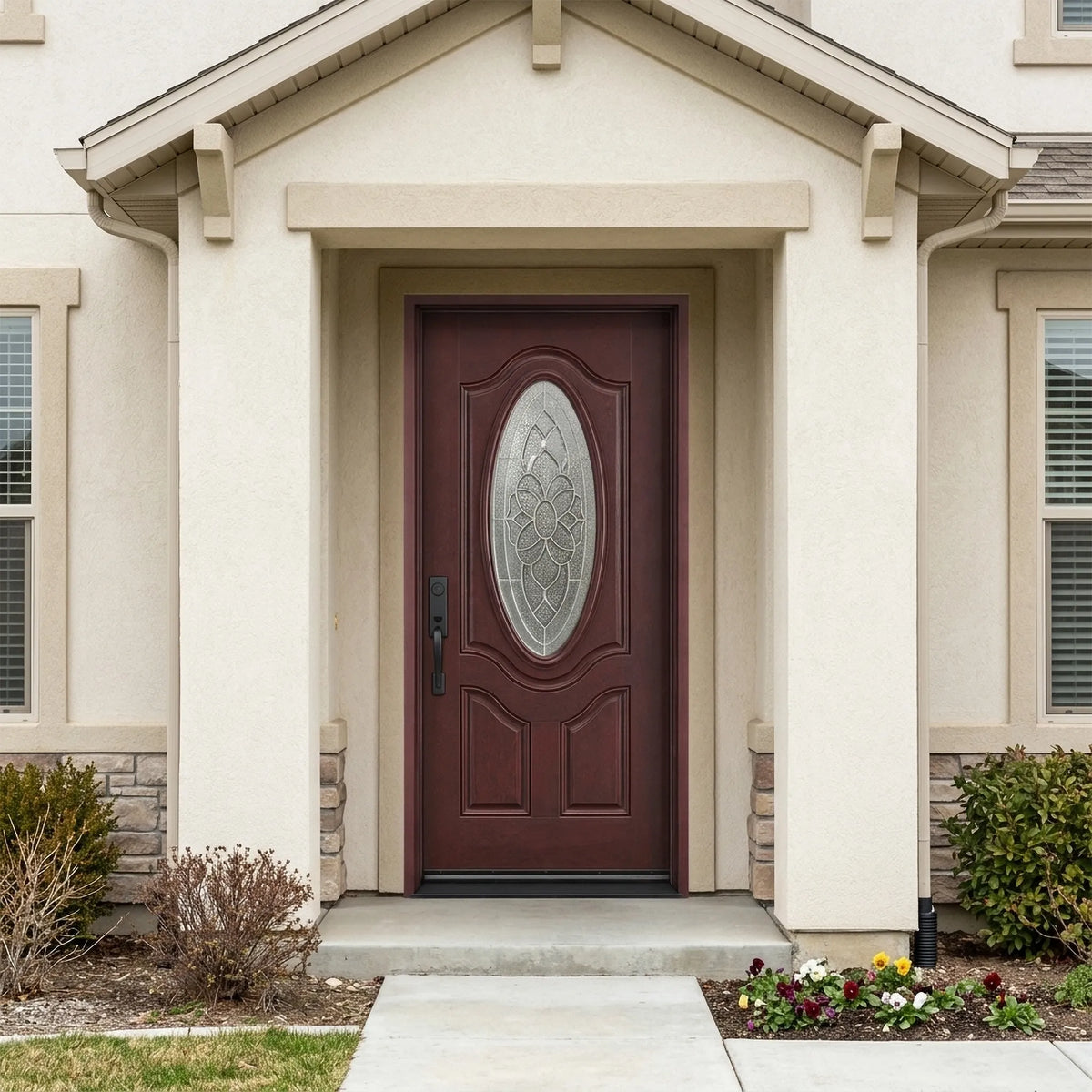 Single fiberglass front door with oval glass and dark mahogany stain installed on a house