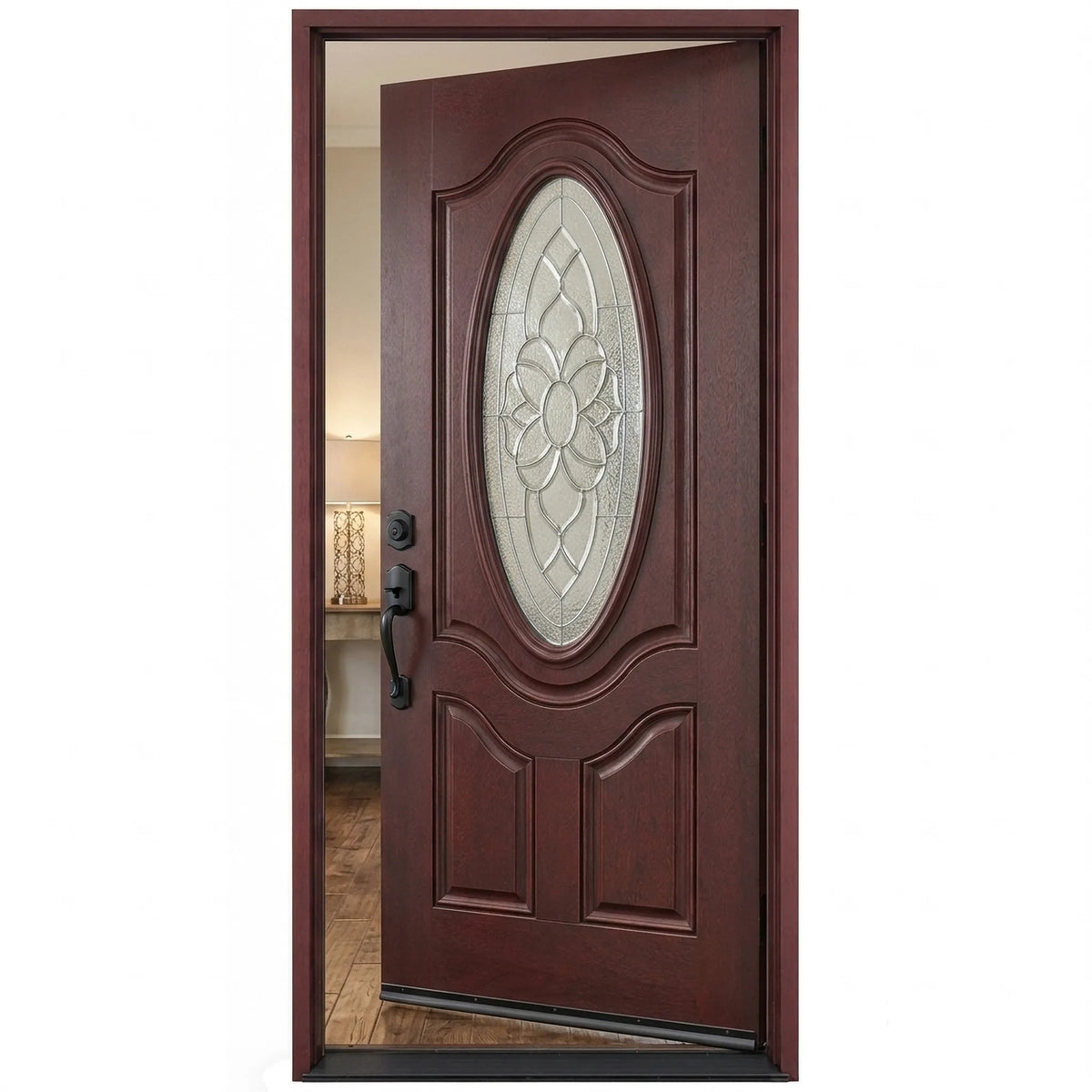 Single fiberglass front door with decorative glass and dark mahogany stain with door slightly opened to the right fd800