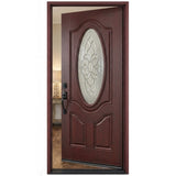 Single fiberglass front door with decorative glass and dark mahogany stain with door slightly opened to the right fd800