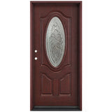 Fiberglass front entry door with decorative oval beveled glass panel, wood grain finish, front view