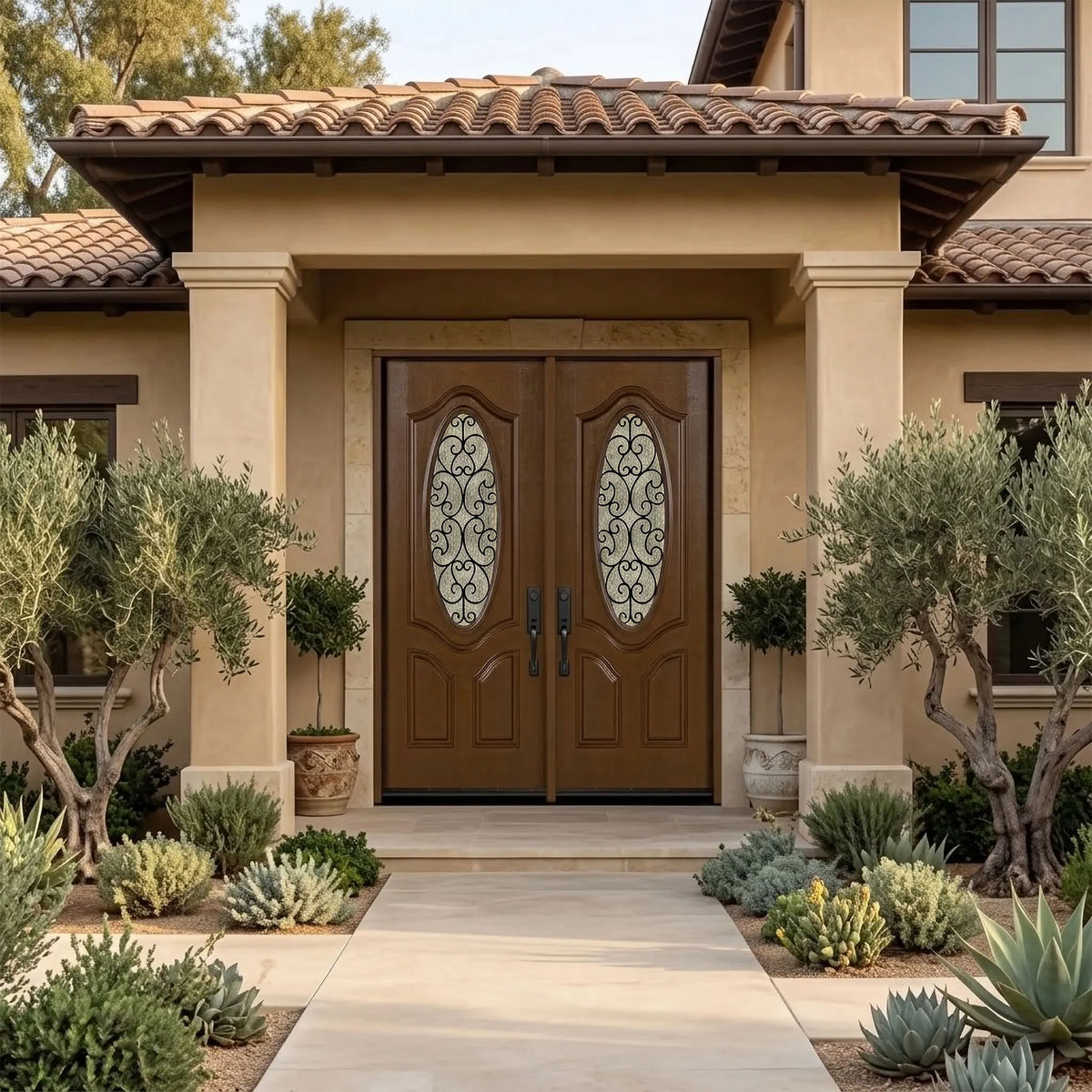 Fiberglass Door Iron Scroll Work Rain Glass FD800W