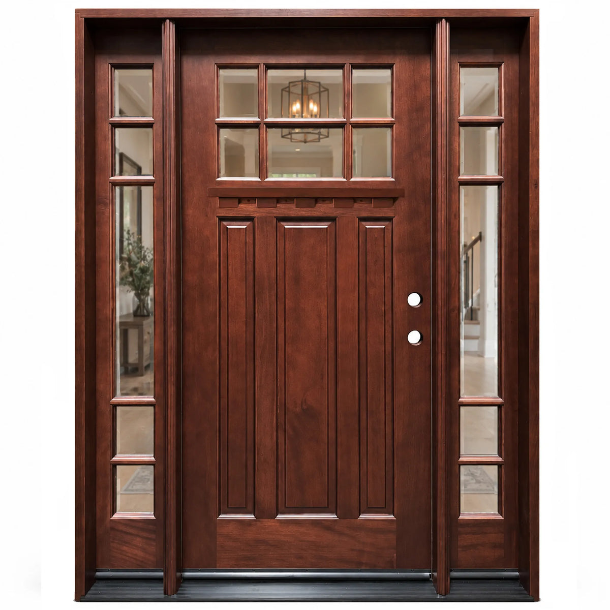 Front entry door with two sidelights and decorative glass panels, classic traditional design, straight-on exterior view