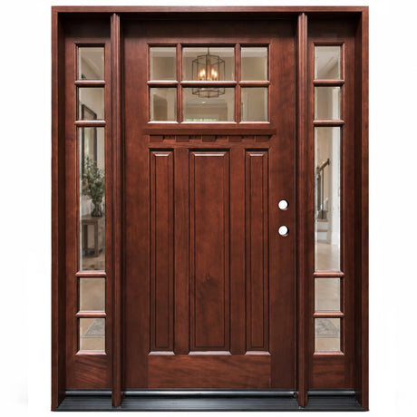 Front entry door with two sidelights and decorative glass panels, classic traditional design, straight-on exterior view