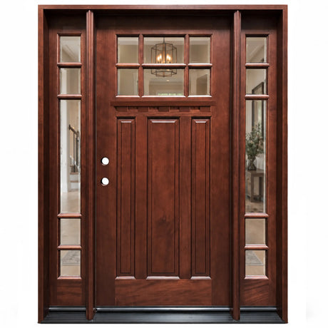 Front entry door with two sidelights and decorative glass panels, classic traditional design, straight-on exterior view, righthand inswing