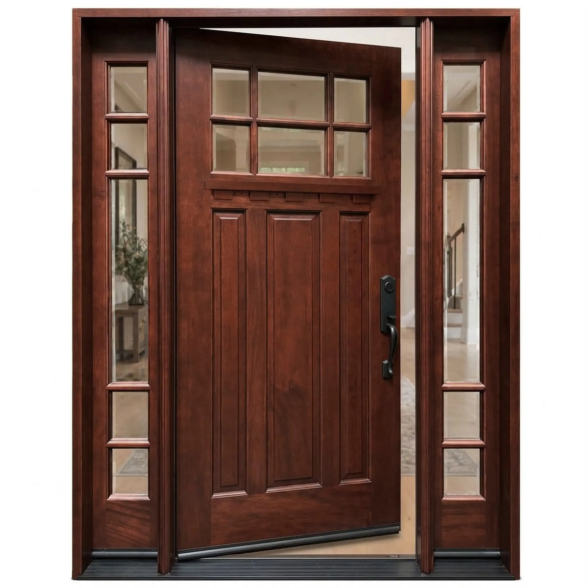 Single wood front door with two sidelights with decorative glass and medium walnut stain with door slightly opened to the left, Huntington door