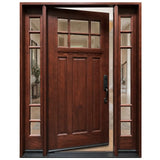Single wood front door with two sidelights with decorative glass and medium walnut stain with door slightly opened to the left, Huntington door