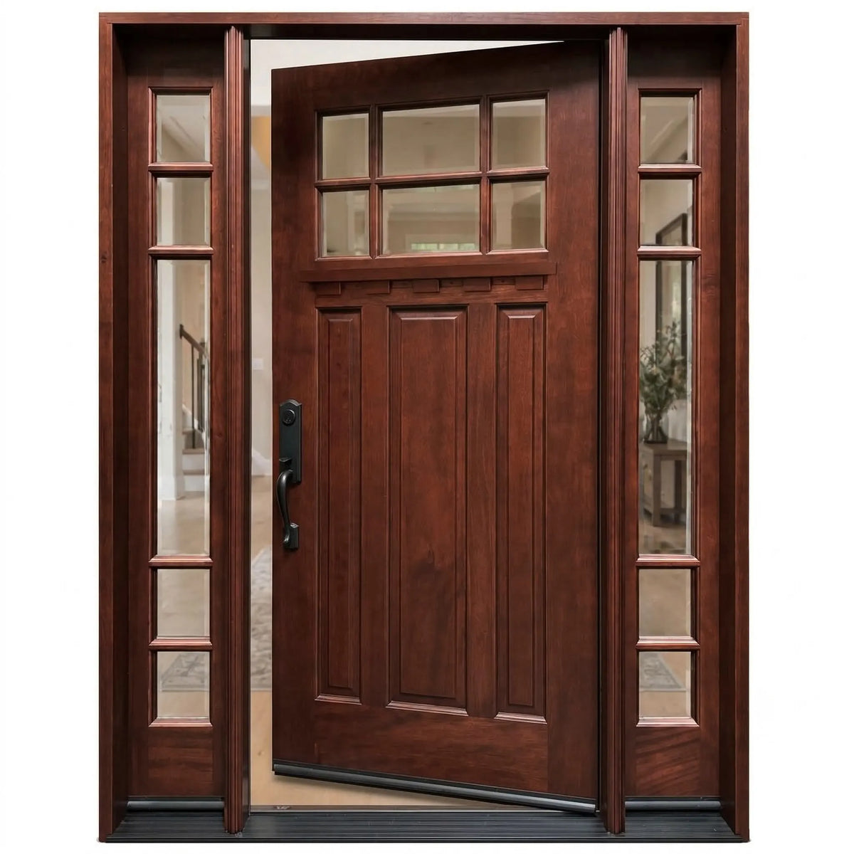 Single wood front door with two sidelights with decorative glass and medium walnut stain with door slightly opened to the right, Huntington door