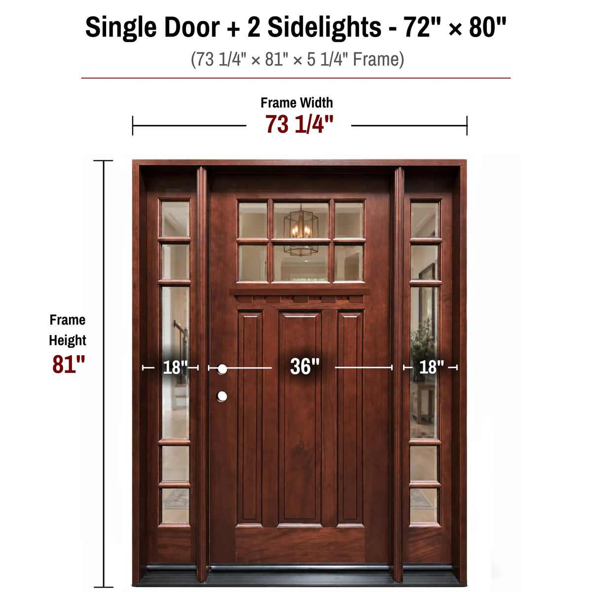72 x 80 solid wood single front entry door with sidelights dimensions and frame size diagram for Huntington door