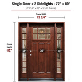 72 x 80 solid wood single front entry door with sidelights dimensions and frame size diagram for Huntington door