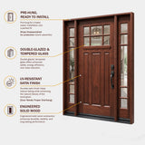 Solid wood front entry door features and benefits infographic highlighting mahogany construction, decorative glass, and prehung design, Huntington door