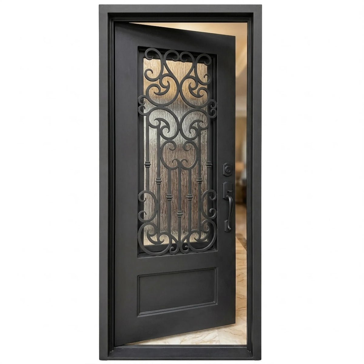 Black iron single entry door shown in left-hand inswing orientation with vertical glass panels, exterior front view